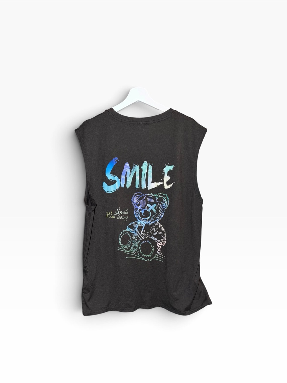 Kids Black Graphic Sleeveless Top - "Smile" Teddy Design